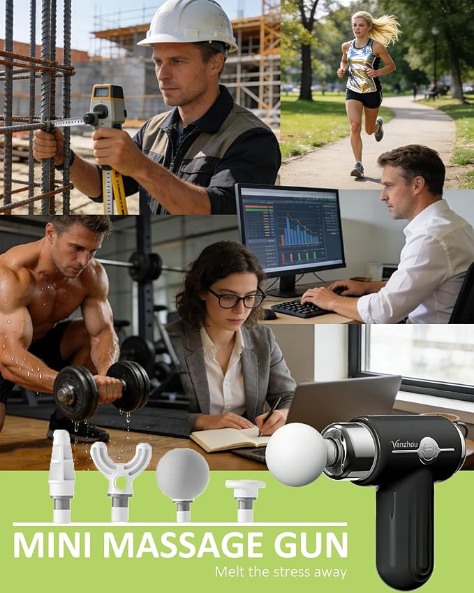 Mini Massage Gun Deep Tissue, Portable Handheld Massage Gun for Muscle Recovery, Quiet Percussion Massager with 9 Heads, USB-C Rechargeable Massage Gun for Travel, Gym & Office, Matte Black