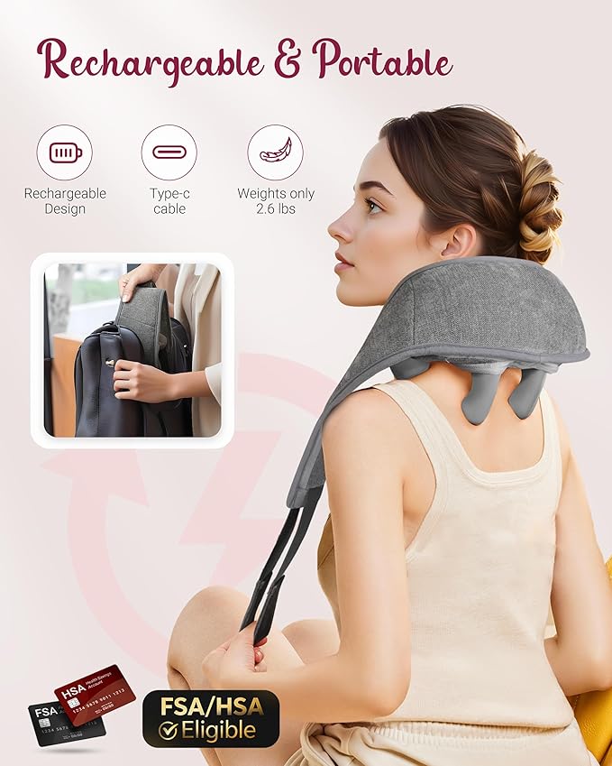 Cordless Neck Massager with Heat - FSA Eligible HSA Neck Shoulder Massager for Pain Relief Deep Tissue,6D Deep Kneading Shiatsu Back Massage, Gifts for Fathers Men Women