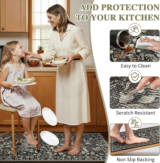 Kitchen Mats for Floor 3PCS Anti Fatigue Cushioned PVC Kitchen Rugs Non Slip Waterproof Botanical Floral Rugs Comfort Standing Mat for Laundry, Desk, Bar, Office Black