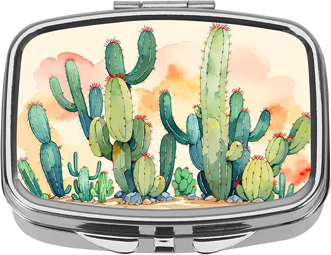 Dynippy Pill Case Pill Box with Mirror Retro Pocket 2 Compartment Medicine Case Vitamin Pill Organizer for Pocket Purse and Travel (Silver- Cactus Pattern)