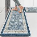 KIMODE Anti Fatigue Kitchen Mats 17.3" x 47"+17.3" x 29", Boho Blue Kitchen Rugs Sets of 2, Non Slip Waterproof Kitchen Floor Mats, Vintage Memory Foam Kitchen Mat for Sink, Laundry, Desk