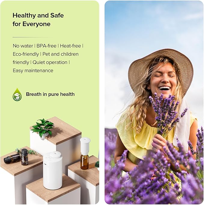 Waterless Essential Oil Diffuser for Home Aromatherapy Car Nebulizing Diffuser Battery Operated 5-20mL Mini Scent Air Machine Up to 600 Sq.Ft. 4Timer 3 Mist-Level (AN7 White)