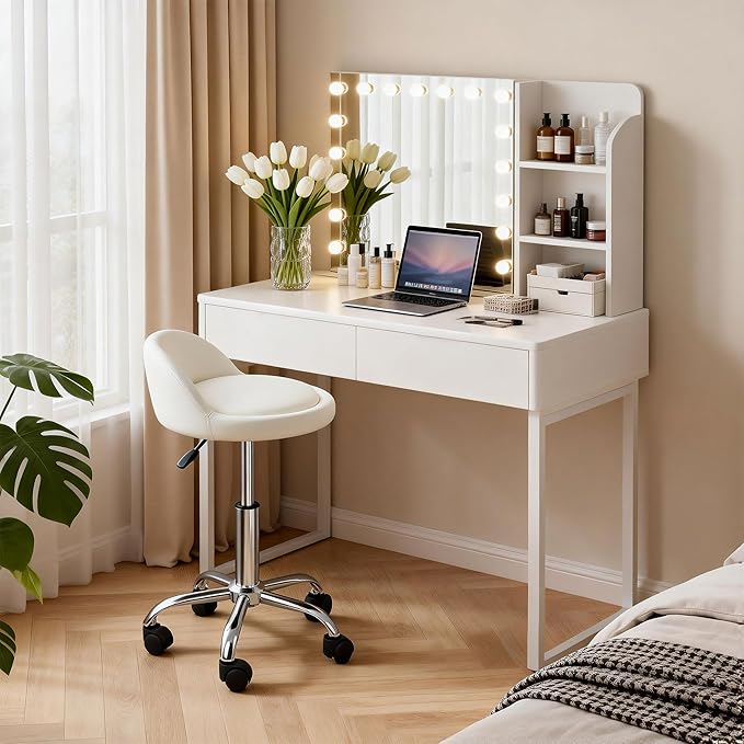 SUPER DEAL Adjustable Height Hydraulic Rolling Swivel Stool Tattoo Facial Massage Spa Salon Medical Stool with Back Rest (White)