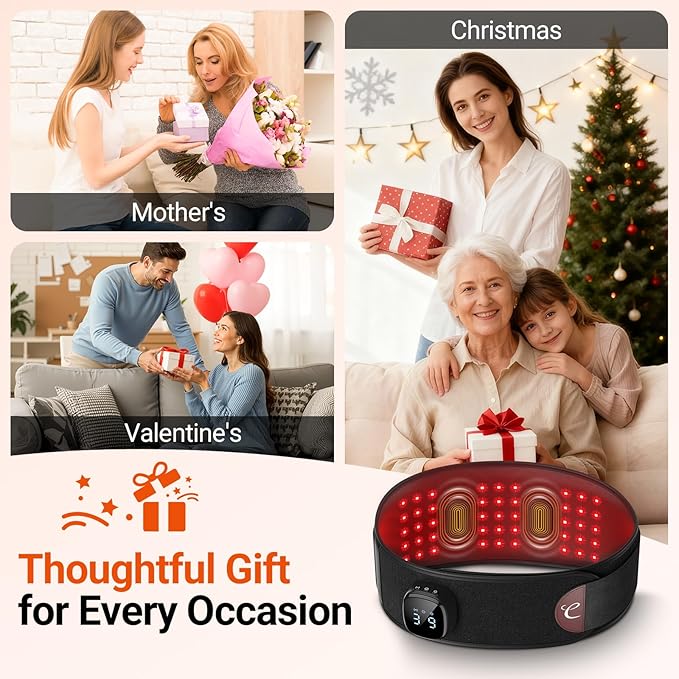 Comfytemp Red Light Therapy Massage Belt with Vibration, Wearable Flexible Near Infrared Lower Back Massager for Waist Belly, Gifts for Women Mom, 660nm & 850nm