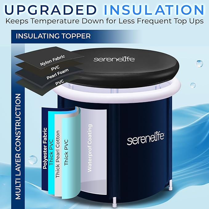 SereneLife Inflatable Insulated Cold Plunge Tub - Cold Plunge Relaxation Pod for Athletes, One Person Ice Bath Tub with Lid with 78 Gallons Capacity (Black)