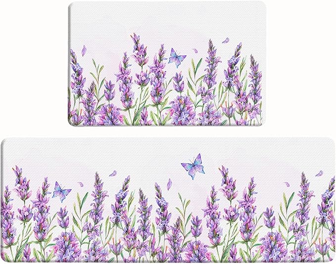 Bulijojo Purple Flowers Anti Fatigue Kitchen Floor Mats Set of 2 Waterproof Kitchen Sink Runner Rug Standing Mat Cushioned Kitchen Rugs Comfort Doormat 17"x47"+17"x28"