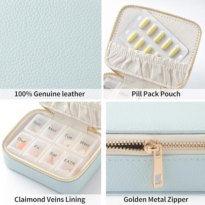 Genuine Leather Travel Pill Organizer Box Case 1 Times a Day for Purse for Women, Cute Medicine Pill Holder Containers for Vitamin Small Weekly Daily 7 Day Am Pm Pill Organizer(Pink)