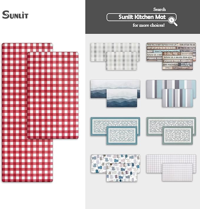 Sunlit Set of 2 Anti Fatigue Kitchen Floor Mat, Non Slip Waterproof Comfort Standing Mat, 0.4 Inch Thick Cushioned Farmhouse Kitchen Rug Runner, White Red Buffalo Check (17"x28"&17"x47")