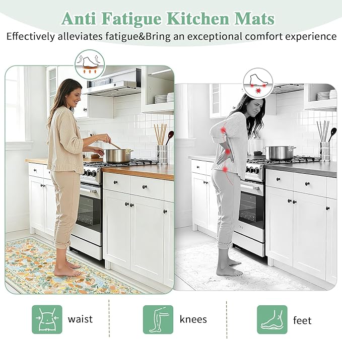 Kitchen Rugs Sets of 3 Cushioned Anti Fatigue Kitchen Mats for Floor, Non Slip Waterproof Vintage Botanical Floral Runner Rug, Comfort Standing Mat for Laundry, Sink, Office Beige
