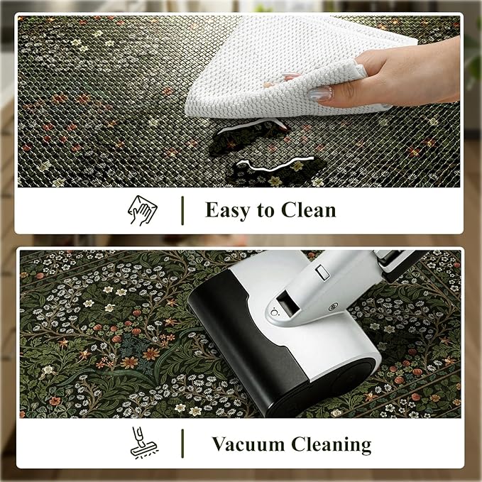 Collive Kitchen Mats for Floor, Cushioned Anti Fatigue Mat Dark Green Floral Rugs 2 Piece Non Skid Waterproof Sink Rug, Memory Foam Comfort Standing Mat for Office, Laundry, Desk