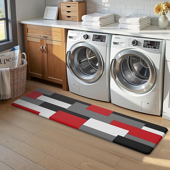 Black Red Grey White Kitchen Rug Anti-Fatigue Kitchen Mat for Floor Abstract Art Geometric Waterproof Non-Slip Kitchen Mat and Rug PVC Kitchen Floor Rug Mat for Home Sink Laundry, 17.3"x 59"