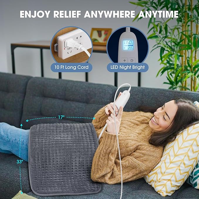 FluffyWarmth Electric Heating Pad for Back, Extra Large 17''x 33'' XXXL for Full Body,Menstrual Period Cramps,Neck Shoulder Back Pain Relief, 6 Heat Settings 4 Timers Heating Pad, Gifts for Women Men