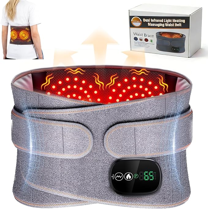 Lower Back Massager with Heat, Heating Pad for Back, Stomach Heating Pad, Cordless Portable Waist Massage Belt with Heat Vibration 3 Levels Adjustable, Touchscreen Control, Adjustable Size (Grey)