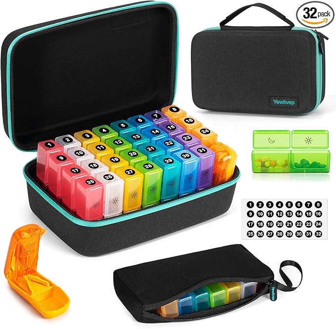 Monthly Pill Organizer 2 Times a Day with Weekly Pill Bag, 30 Day Pill Organizer 2 Times a Day with Large 32 Compartments, Monthly Stickers, Pill Cutter, Hard Travel Case Medicine Vitamins Case