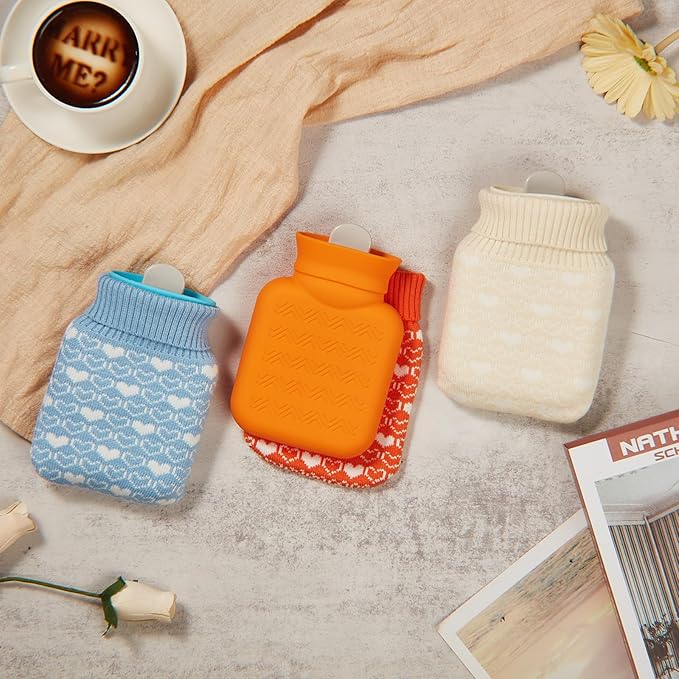 Amylove 3 Pcs Mini Hot Water Bottle for Hot & Cold Compress with Cover 320ml Silicone Microwave Heating Bottles Small Water Bag for Travel Holiday Gift(White, Blue, Orange,Heart Print)