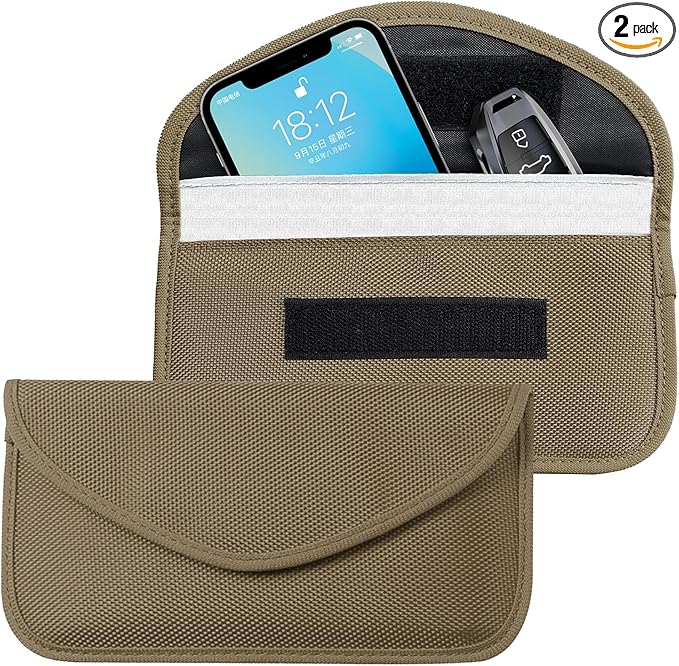 2PCS Faraday Bags for Car Key and Cell Phone, Signal Blocking Bag, Faraday Key Fob Protector, Universal Cell Phone Privacy Card Protection Car Accessories for Anti-Thefting (Khaki)