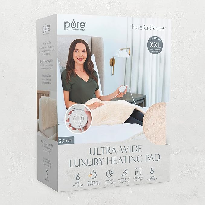Pure Enrichment PureRadiance Ultra-Wide Luxury Heating Pad for Cramps & Back Pain Relief, Patented Design, Soft Faux Fur & Micromink, 6 Heat Settings, Machine Washable, Large, 20”x24” (Golden Sands)