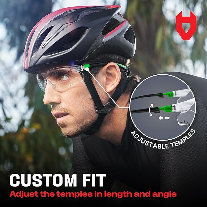 NoCry Safety Glasses with Clear Anti Fog Scratch Resistant Wrap-Around Lenses and No-Slip Grips, UV Protection. Adjustable, Black & Green Frames (10 pack)