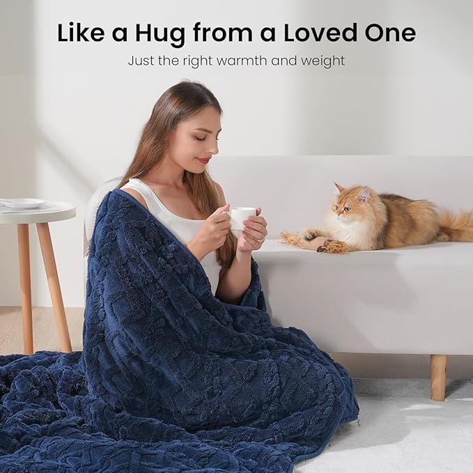 Weighted Blanket 15lbs Sherpa Weighted Blanket with Classic Jacquard Pattern, Heavy Soft Full Size Weighted Blankets for Adults to Sleep Natural, Sofa Couch Bed Blanket, Navy Blue, 48 * 72 15lbs