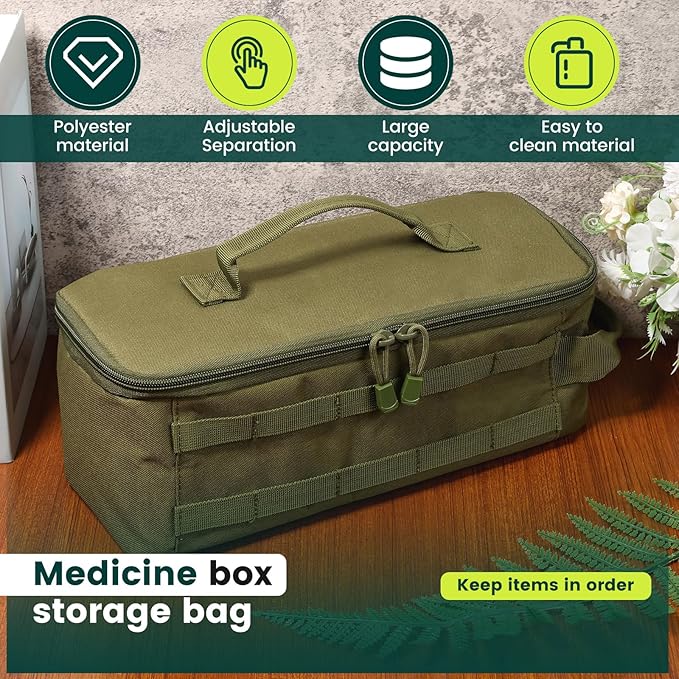 First Aid Bag Empty,Travel Bag Empty Pill Box Organizer, Portable Travel Pill Bottle Organizer for Home Outdoor Emergency Traveling(Military green,13.78 x 5.91 x 4.72 in)