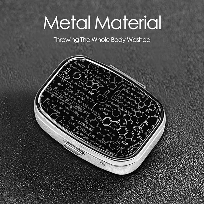 Organic Chemistry Square Mini Pill Case Travel Medicine Organizer Portable Compartments Metal Pill Box