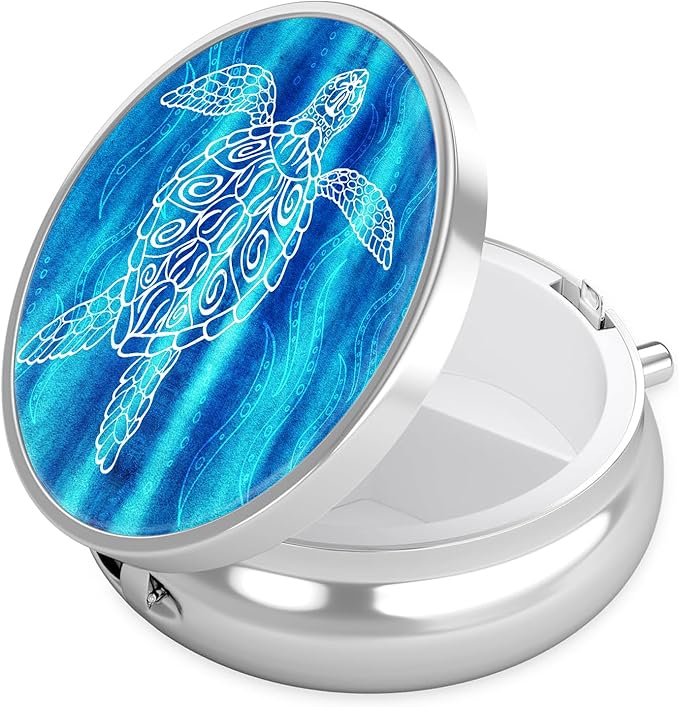 Blue Marble Turtle Pill Case, Pill Box 3 Compartments Metal Small Pill Holder with Mirror Mini Travel Pill Container for Purse Pocket Women Men