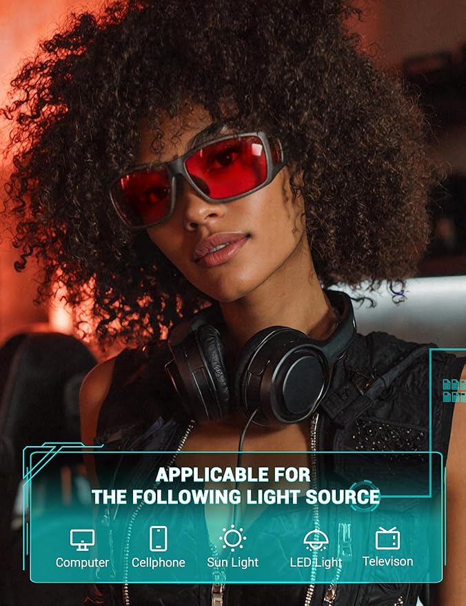 TIJN Sonia Red Sleep Glasses Orange Lens for Blue & Green Light Blocking,Dual AR Coating,Wraparound Frame for Gaming Screen