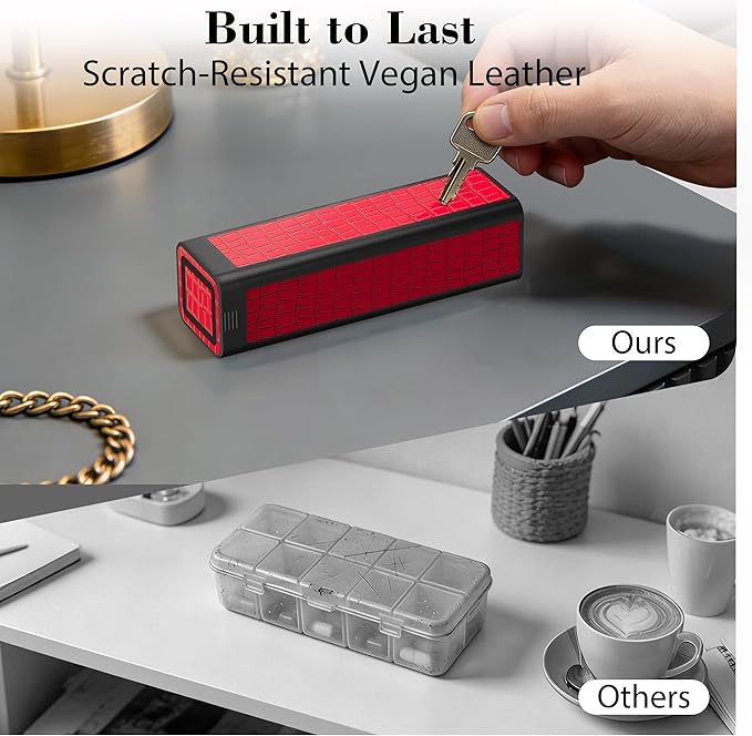 Weekly Pill Organizer 7 Day, Discreet Leather Pill Case for Purse or Pocket, Easy Slide-Out Daily Medication Planner, 1 Time a Day Travel Vitamin and Supplement Holder (Red)