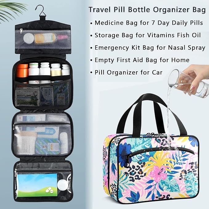 Naanle Pill Organizer Bag Travel Pill Bottle Medicine Organizer Home Storage Medication Bag for Vitamin Supplements, Leopard Spots Palm Leaves Empty First Aid Bag for Car Camping, 1.0 Count