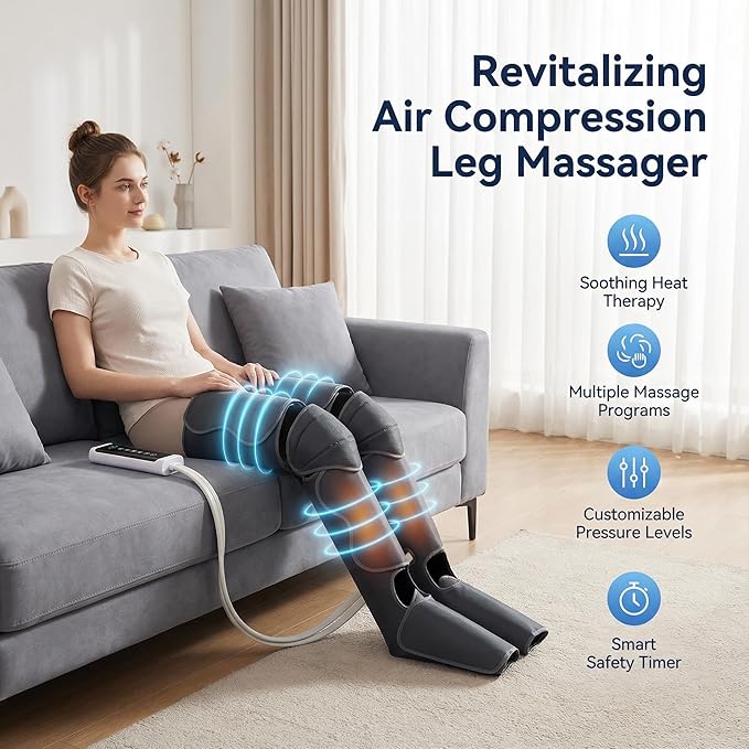 Leg Compression Massager Foot Calf Massager with Heat and Compression, Leg Compression Boots for Recovery & Pain Relief, 3 Intensities 4 Chambers Sequential Massage