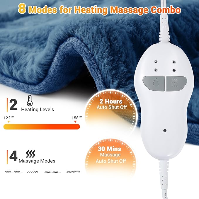 Massaging Heating Pad for Neck and Shoulders and Back, 24" x 35" Large Electric Heating Pad for Back Pain Relief with 3 Heat Levels, 4 Massage Settings, 2H Auto Shut-Off, 4 Massage Motors,Blue