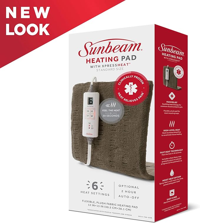 Sunbeam Premium Heating Pad with XpressHeat Technology, Standard Size, Brown