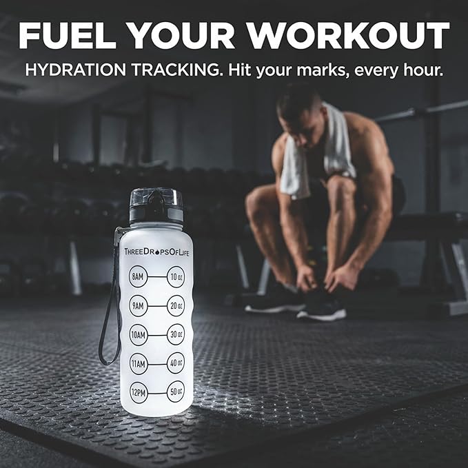 Three Drops of Life 50oz Hydration Tracker Sport Water Bottle – Frosted Clear Tritan With Time Marker, Leak-Resistant, Easy Flow Spout, Comfortable Strap For Daily Hydration