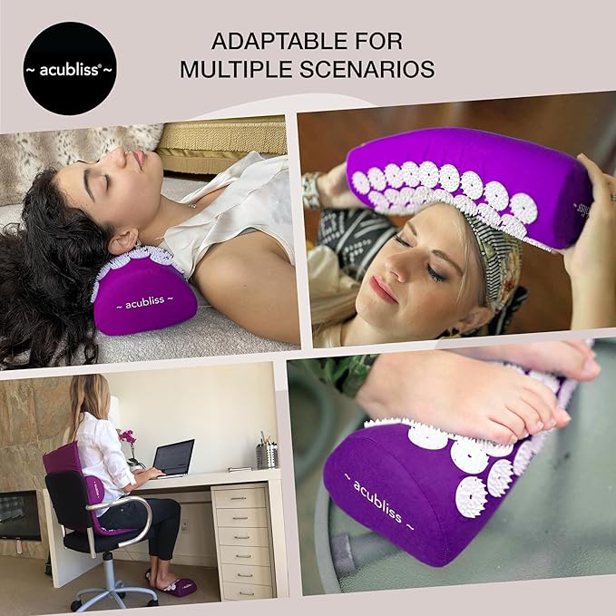 Premium Portable + Comfortable Acupressure Lumbar Cushion Pillow, 2,142 Acupuncture Pressure Points, Neck Pain Relief, Increased Energy, Relaxation, Drawstring Bag, 15x6x4", Purple