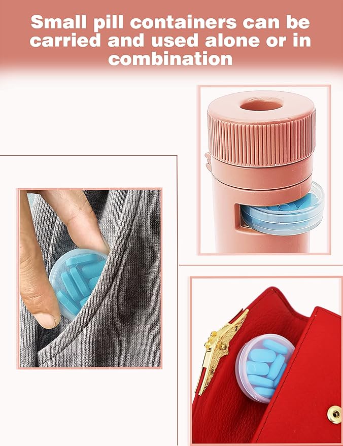 3 in 1 Portable Pill Cutter&Crusher with Pill Holders 7 Day Small Compartments, Pill Splitter and Grinder for Pills,Tiny Round Daily Medicine Storage,Small Travel Pill Box for Purse(New Pink)