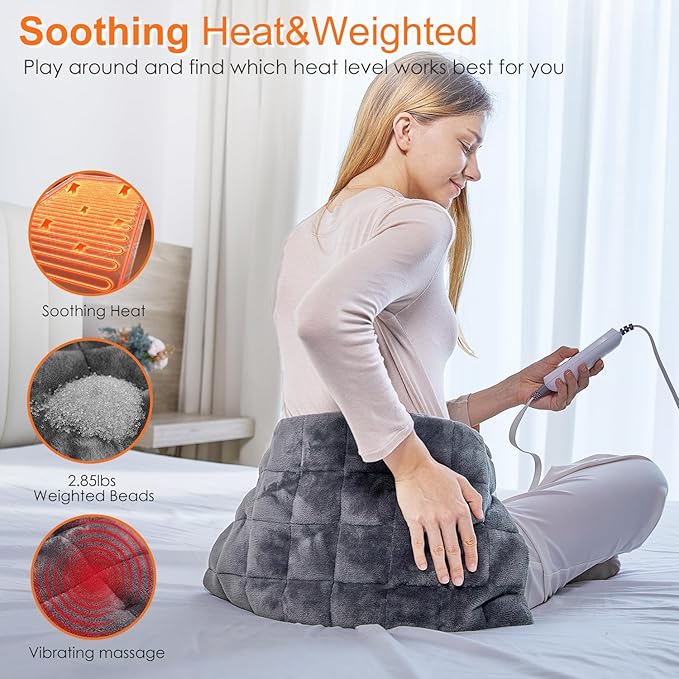 Massaging Heating Pad for Back Pain Relief, 12"x24" Weighted Heating Pads with Massager for Neck/Shoulder/Leg 2.86 Lbs Electric Heated Pad,9 Massage Modes &3 Heat Levels(Grey)