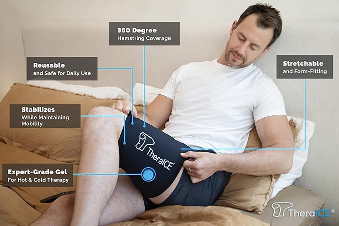 TheraICE Hamstring Compression Sleeve for Women & Men, Hot and Cold Compress Reusable, Thigh Wrap, Cooling Sleeves, Quad Ice Packs for Injuries Reusable, Hamstring Braces Recovery for Pain Relief(XXL)