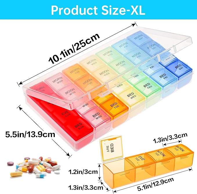 VMVN XL Pill Organizer, Extra Large Medicine Organizer,Pill Box 7 Day,Weekly Pill Case Container,4 Times a Day Pill Holde for Vitamin Travle Work