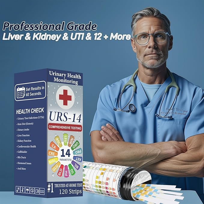 URS Urine Reagent Test Strip for 14 Parameters Urinalysis - Self Testing at Home in 60 Seconds for Men and Women PH, SG, Prot, KET, BLO, BIL, CRE, Kidney, Liver, UTI, Keto Diet, Ketosis, and +7 More