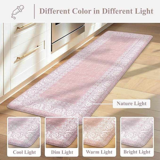 LEEVAN Pink Kitchen Mat Sets of 2,Anti Fatigue Cushioned Memory Foam Kitchen Mats for Floor,Farmhouse Ergonomic Waterproof Cute Boho Kitchen Floor Mat,Sink,Laundry,Home,Office(17''x29''+17''x47'')
