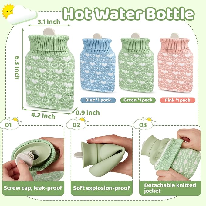 Amylove 3 Pcs Mini Hot Water Bottle for Hot & Cold Compress with Cover 320ml Silicone Microwave Heating Bottles Small Water Bag for Travel Holiday Gift(Pink, Blue, Green,Heart Print)