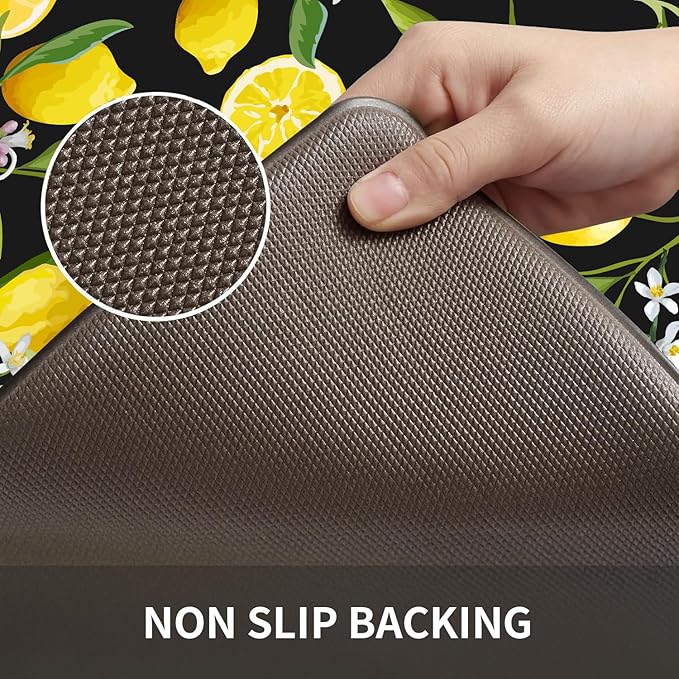 Lemon Kitchen Mats for Floor - Anti Fatigue Mats for Kitchen Floor, Cushioned Non-Skid Washable Memory Foam Rug for Office, Sink, Laundry (17.3"×47"×0.47") Black