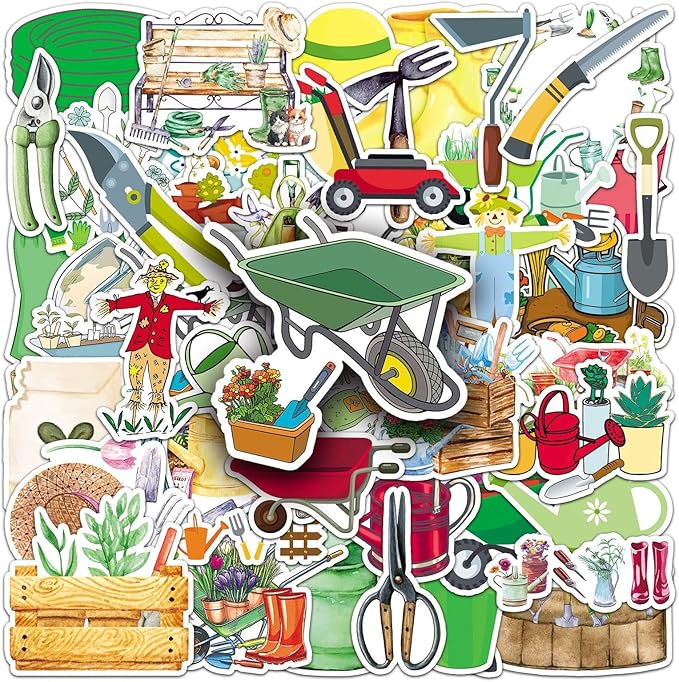 51pcs Garden Tools Stickers, Cartoon Shovel & Watering Can Pattern Decals, Waterproof & Durable for Gardening Journal, Flower Pot, Party Decoration