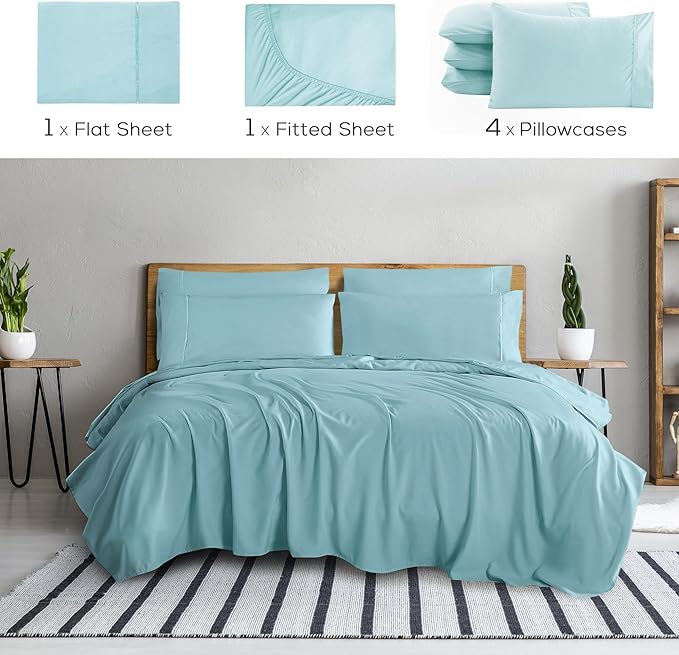 Mueller UltraTemp 6 PC Queen Sheet Set - Ultra-Soft Luxury Series, Cooling & Breathable Hotel Luxury Bed Sheets, Deep Pocket Wrinkle-Free Oeko-TEX, Aqua