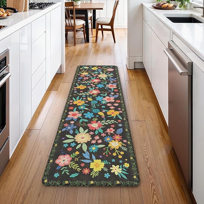 GENIMO Kitchen Mats for Floor, Cushioned Kitchen Rugs Non Slip Washable, Farmhouse Anti Fatigue Mat Waterproof, Comfort Standing Mat Rug for Office, Home, Sink, Laundry, Garage, 17.3"x59", Black