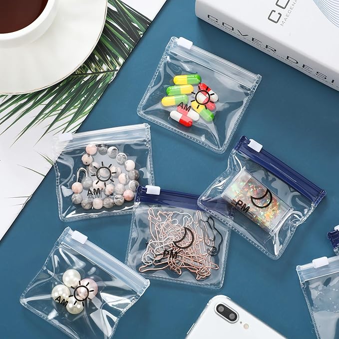 Colarr 14 Pcs AM PM Pill Pouches Bags Reusable Zippered Day and Night Pill Organizer with Slide Lock for Travel Medicine Case, 1 Large 14 Small(Clear, Blue)