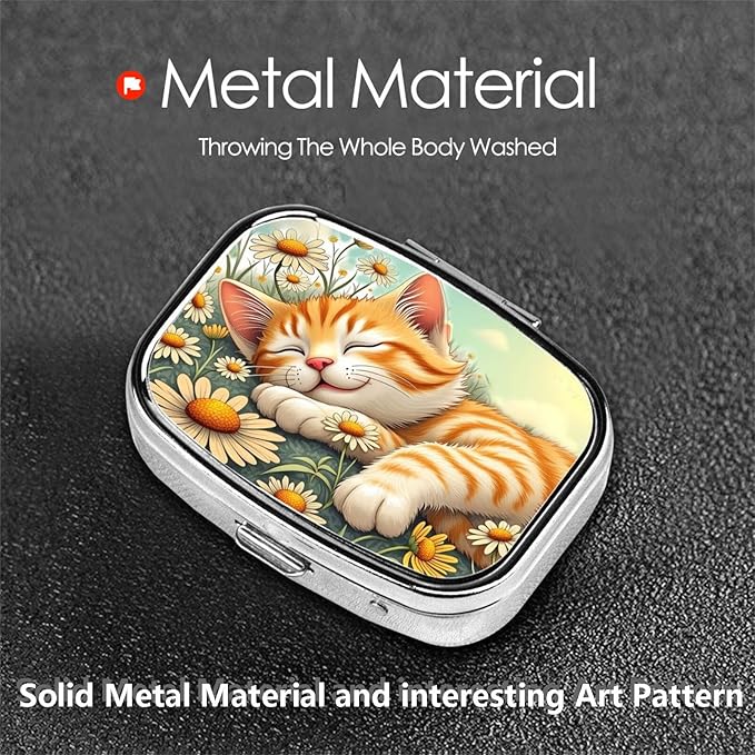 ABLESKY Pill Box, 2 Compartment Pill Organizer Case for Pocket or Purse, Small Portable Metal Travel Medicine Box with Mirror, Daily Vitamins Fish Oil Container-Cute Daisy Cat