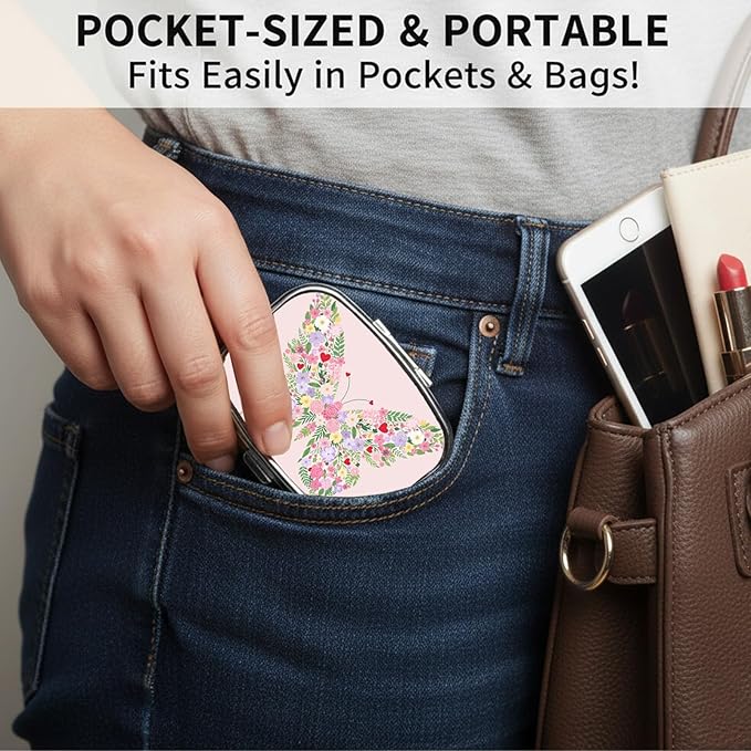 Square Pill Case Small Pill Box with Mirror Pocket 2 Compartment Vitamin Pill Medicine Case Organizer Pill Containers for Traveling Flowers Form Butterfly