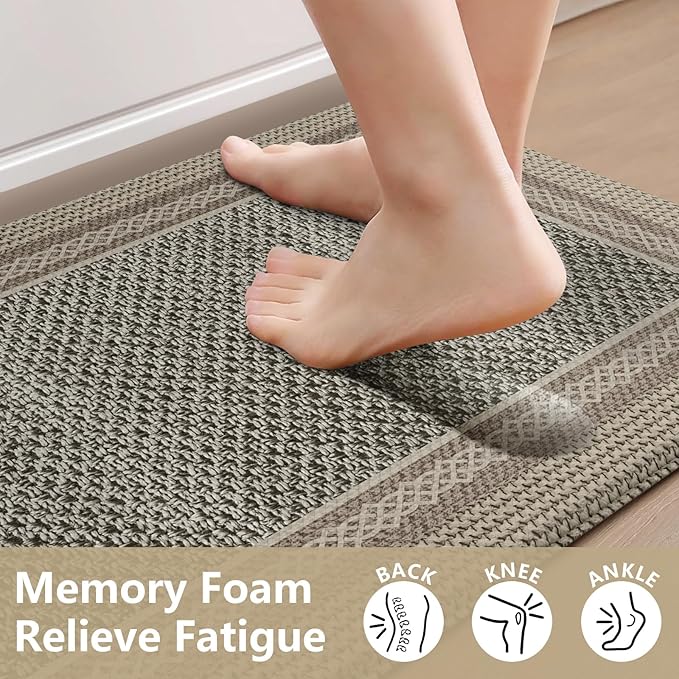 Kitchen Mats for Floor 2 Piece,Kitchen Floor Mats Cushioned Anti Fatigue,Farmhouse Kitchen Rugs Non Slip,Memory Foam Kitchen Mat for Kitchen Decor Office Laundry,Brown