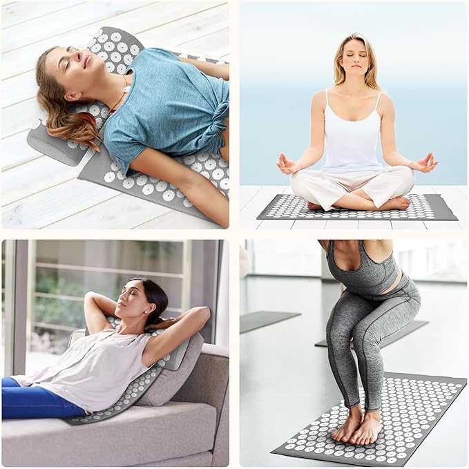 Fitvids Acupressure Mat and Pillow Set for Back/Neck Pain, Acupuncture Products to Relieve Muscle Fatigue, Improve Insomnia for Sedentary People, Acupuncture Eases Stress, Massage Mat, Grey